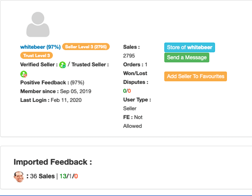 “whitebeer” - Vendor “whitebeer” showed to have a significant number of listings but also a considerable number of sales, appearing the top three of each list analyzed. Their total value of the sales though was only $48K, 21% of the revenue of the top vendor of the market in revenue, magicblue.     