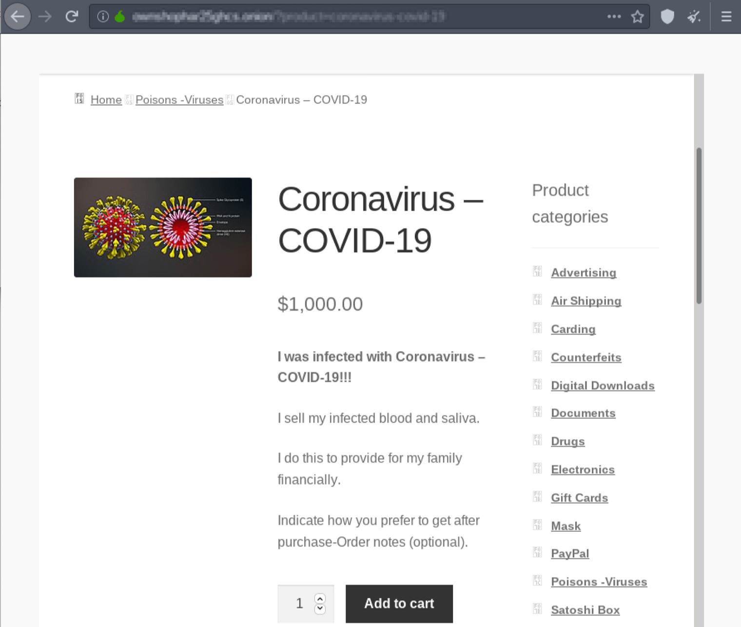 Listing on Tor selling fluids infected with COVID-19 that appeared late February 2020