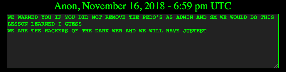 Anonymous post suggesting the hack was motivated by an anti-pedo agenda