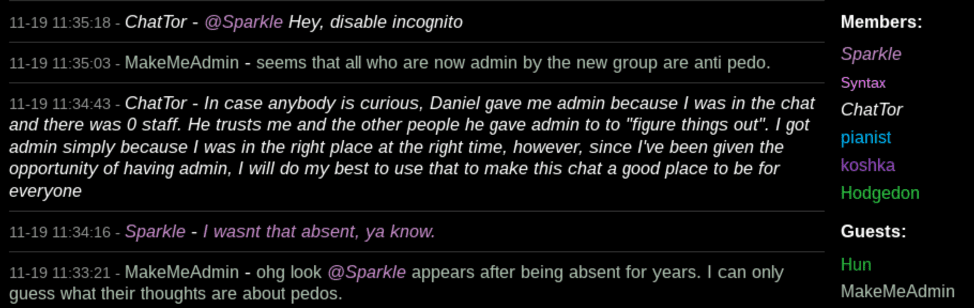 Capture of Le-Chat conversation debating the validity of staff with Daniel's services (http://mat32scrdvrn5o4m.onion/neo/uploads/181119/MATRIX_115636_YsP_ChatTorConfession[.]png)