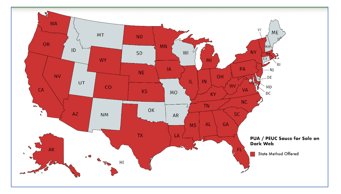 Figure 3: Users on the darknet are selling PUA “sauce", or how-to guides for exploiting unemployment programs, for the states colored in red above