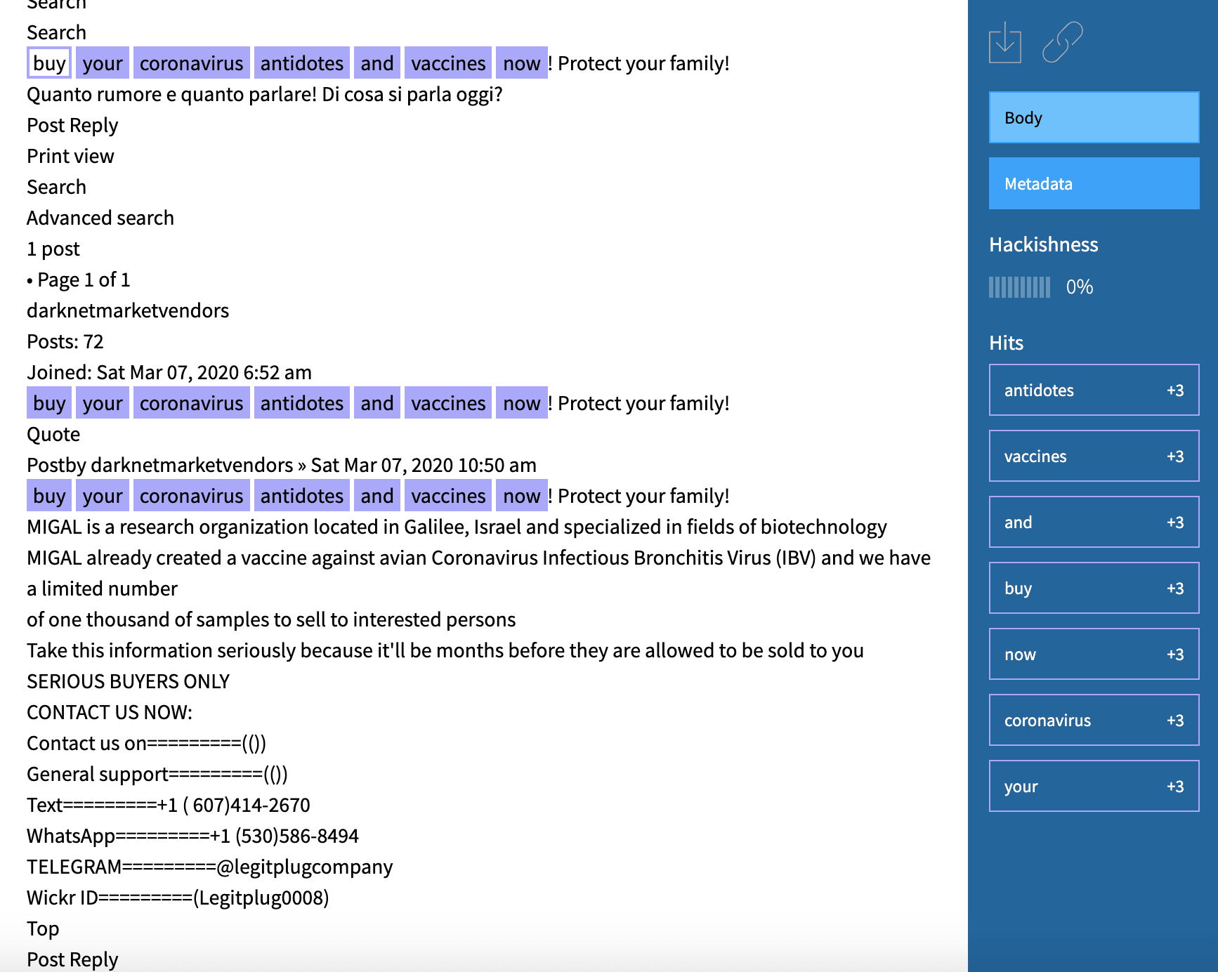 Screenshot from DarkOwl Vision of a vendor on Tor selling “coronavirus antidotes and vaccines”