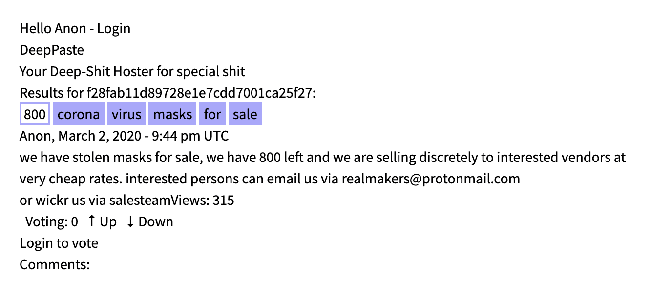 DarkOwl Vision screenshot of a listing on Tor for 800 “stolen” “corona virus masks”