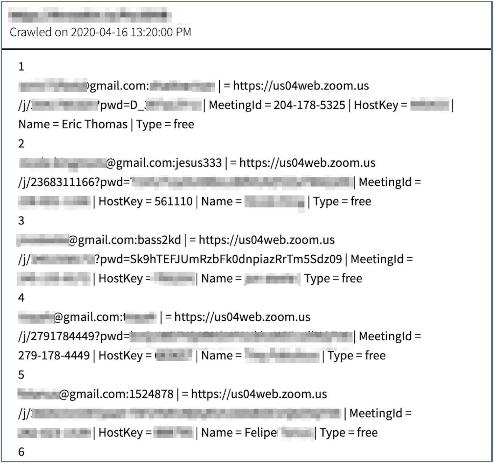 Figure 3: Sanitized Snapshot of Sample Zoom Data offered for Sale (Source: DarkOwl Vision MD5edf8ca26843157d313f6502ff970a9bb)