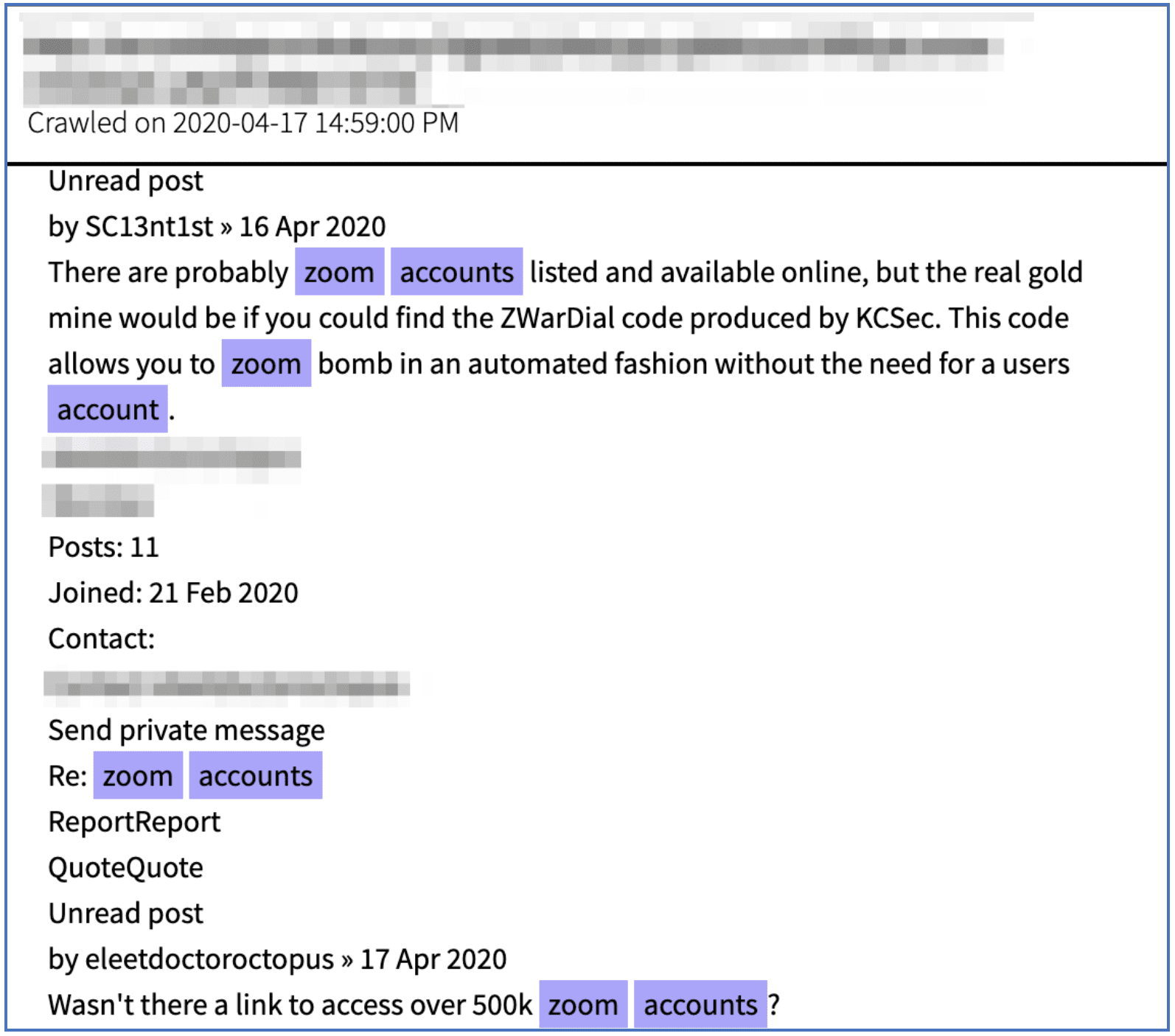 Figure: 6 Hackers discuss sophisticated tools that could circumvent Zoom security (Source: DarkOwl Vision MD5: 5ddbbce8549cc1b33628dc0eba5b8280)