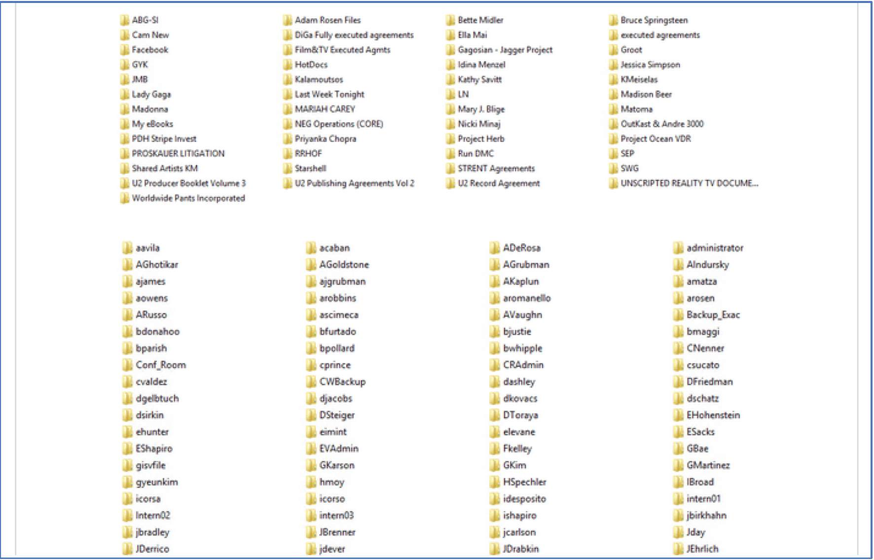 Sample of the Folders Hacked from the Entertainment Lawyer's Server