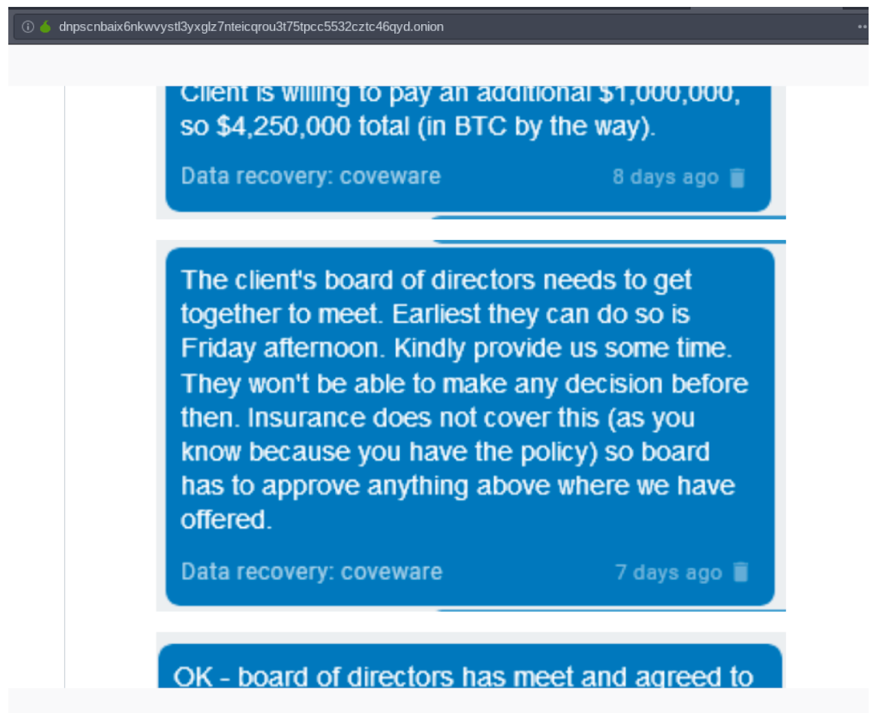 Screen captures of the conversation the hackers had with Coveware, a 3rd party ransomware mitigation firm