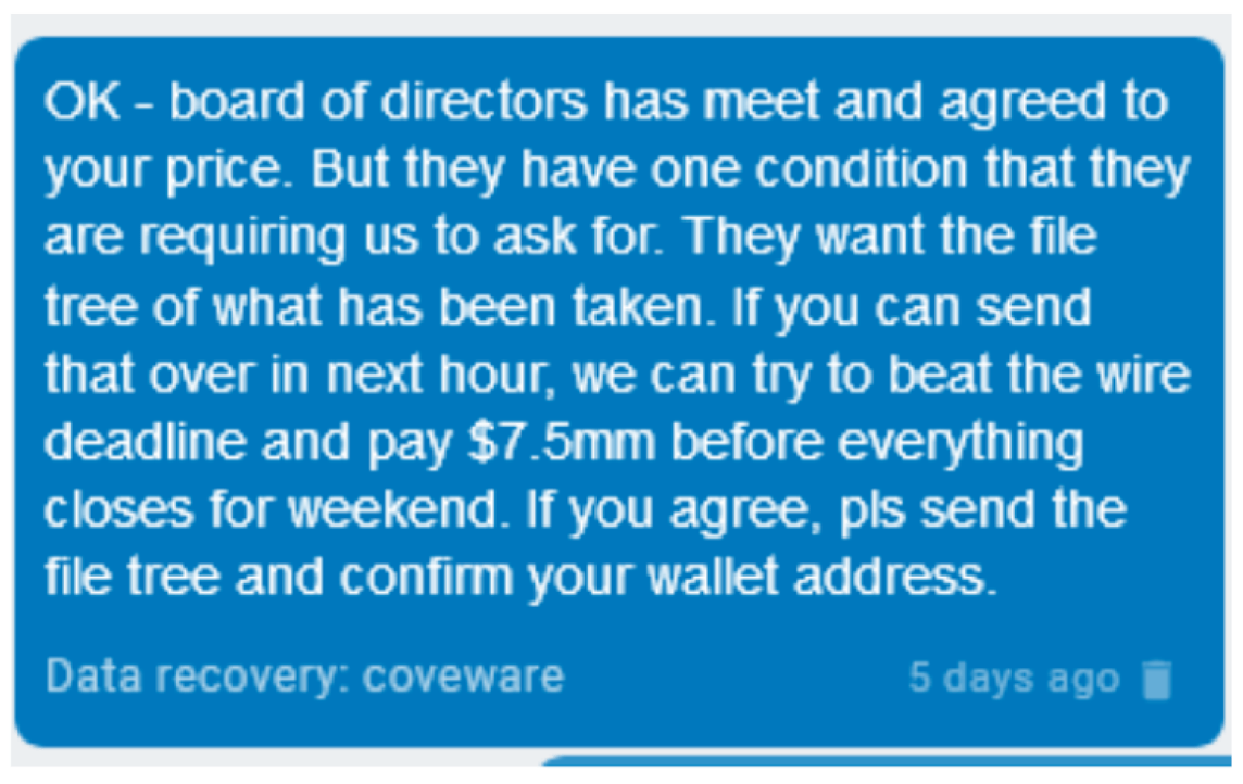 Screen captures of the conversation the hackers had with Coveware, a 3rd party ransomware mitigation firm