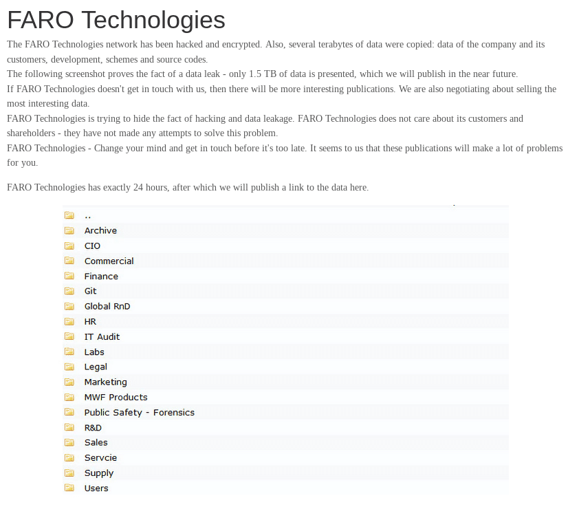May 19th/20th - Screenshot of initial announcement, and an image of the data they claimed to have belonging to FARO Technologies