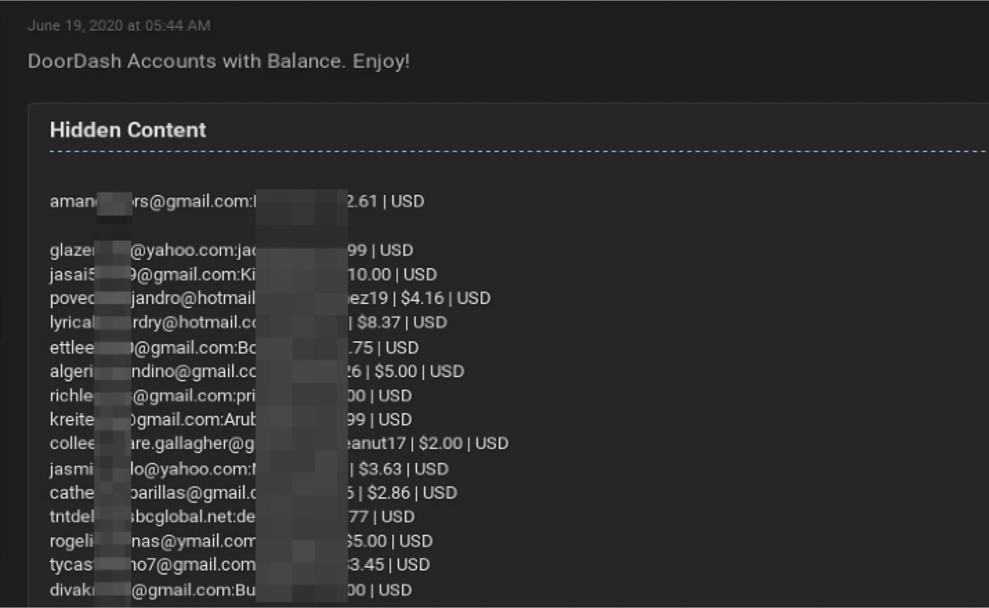 Figure 2 - Compromised DoorDash accounts on the darknet (including email and password) and associated balances for each account