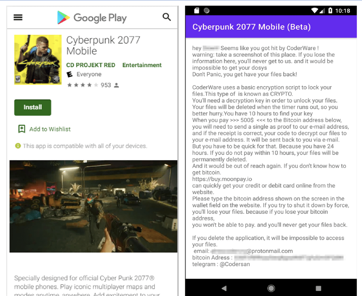 Figures 12 &amp; 13: Screen captures of the Cyberpunk2077 malware offered on Google Play Store.
