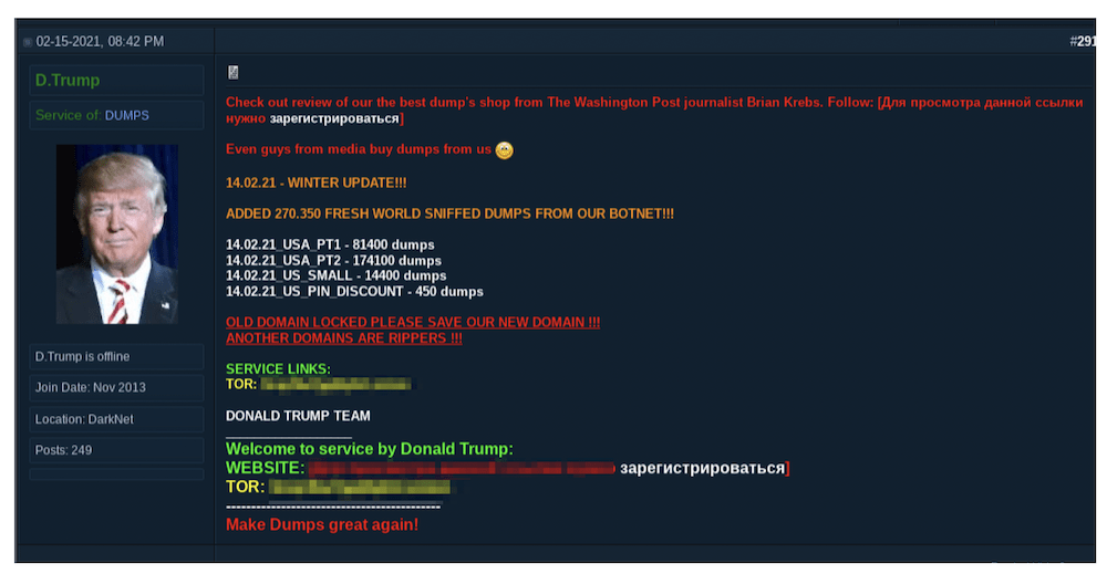 Popular darknet “dumps” provider, D. Trump advertising dumps for sale on a darknet forum