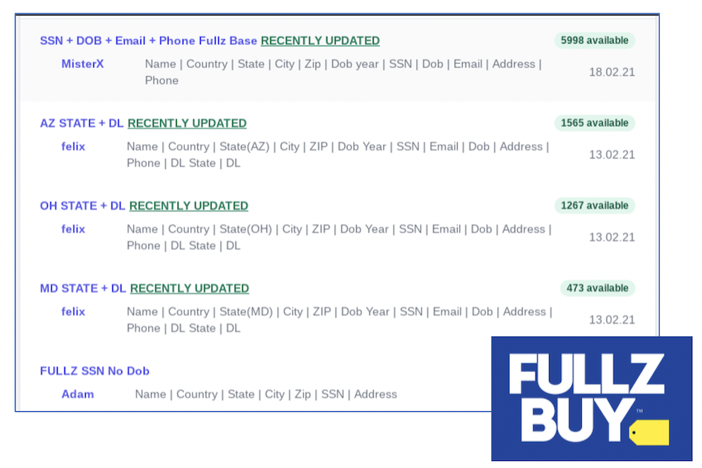 Example “fullz” captured directly from the deep web site, Fullz Buy.
