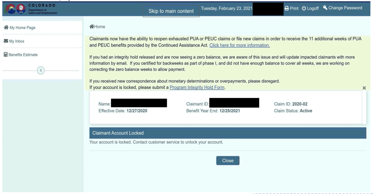 Figure 7: Screenshot from Colorado Unemployment Benefits Website with Account Locked