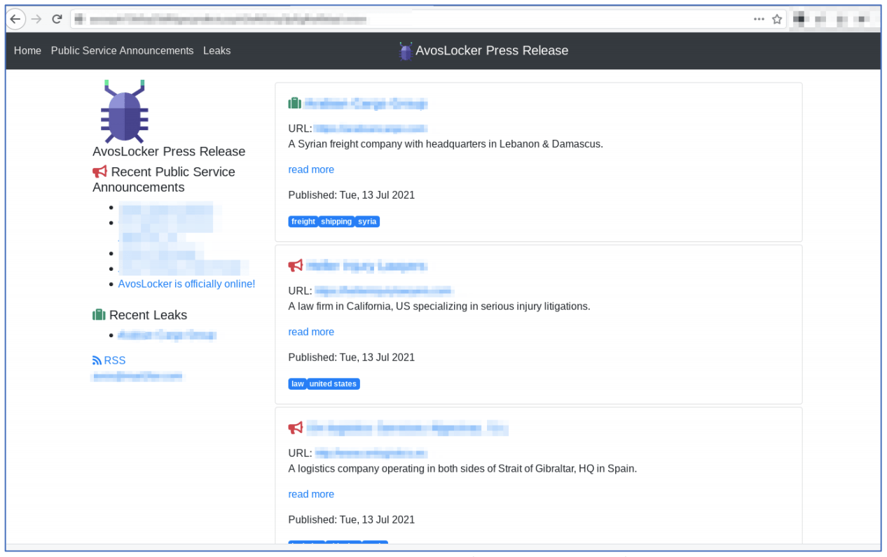 Figure 2: AvosLocker Press Release Onion Service on the Tor network (captured July 13, 2021)