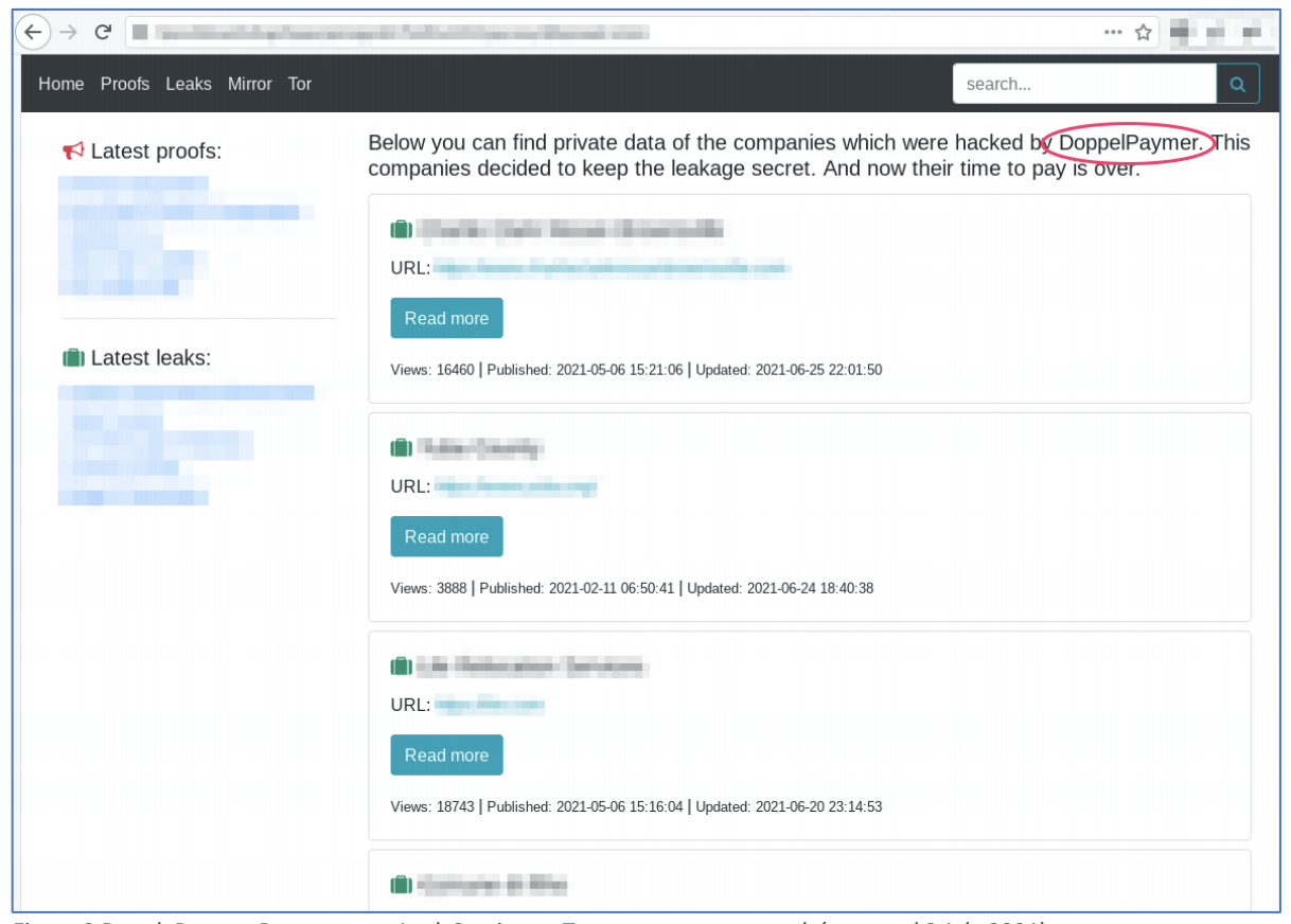 Figure 4: DoppelPaymer Ransomware Leak Service on Tor anonymous network (captured July 2, 2021)