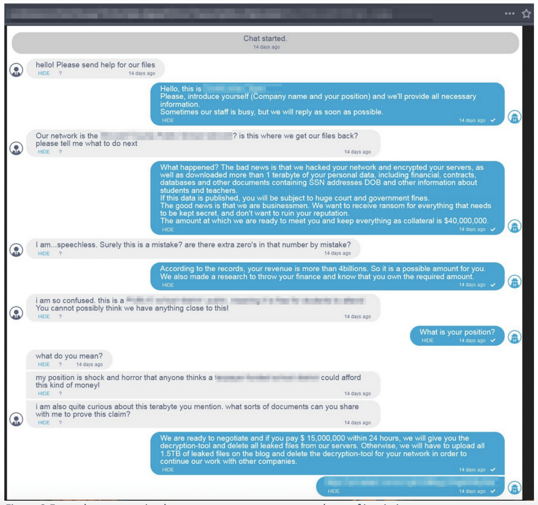 Example conversation between ransomware gang and one of its victims on a chat service