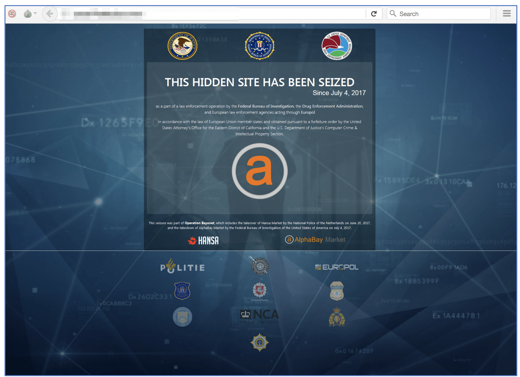 Seizure Banner from AlphaBay’s Demise - July 2017