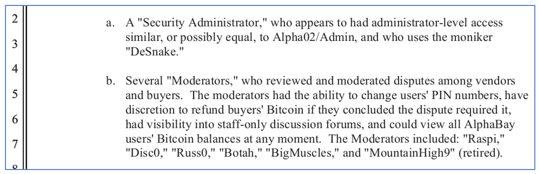 Screenshot from Cazes’ Indictment Detailing AlphaBay Organization’s Staff by Moniker