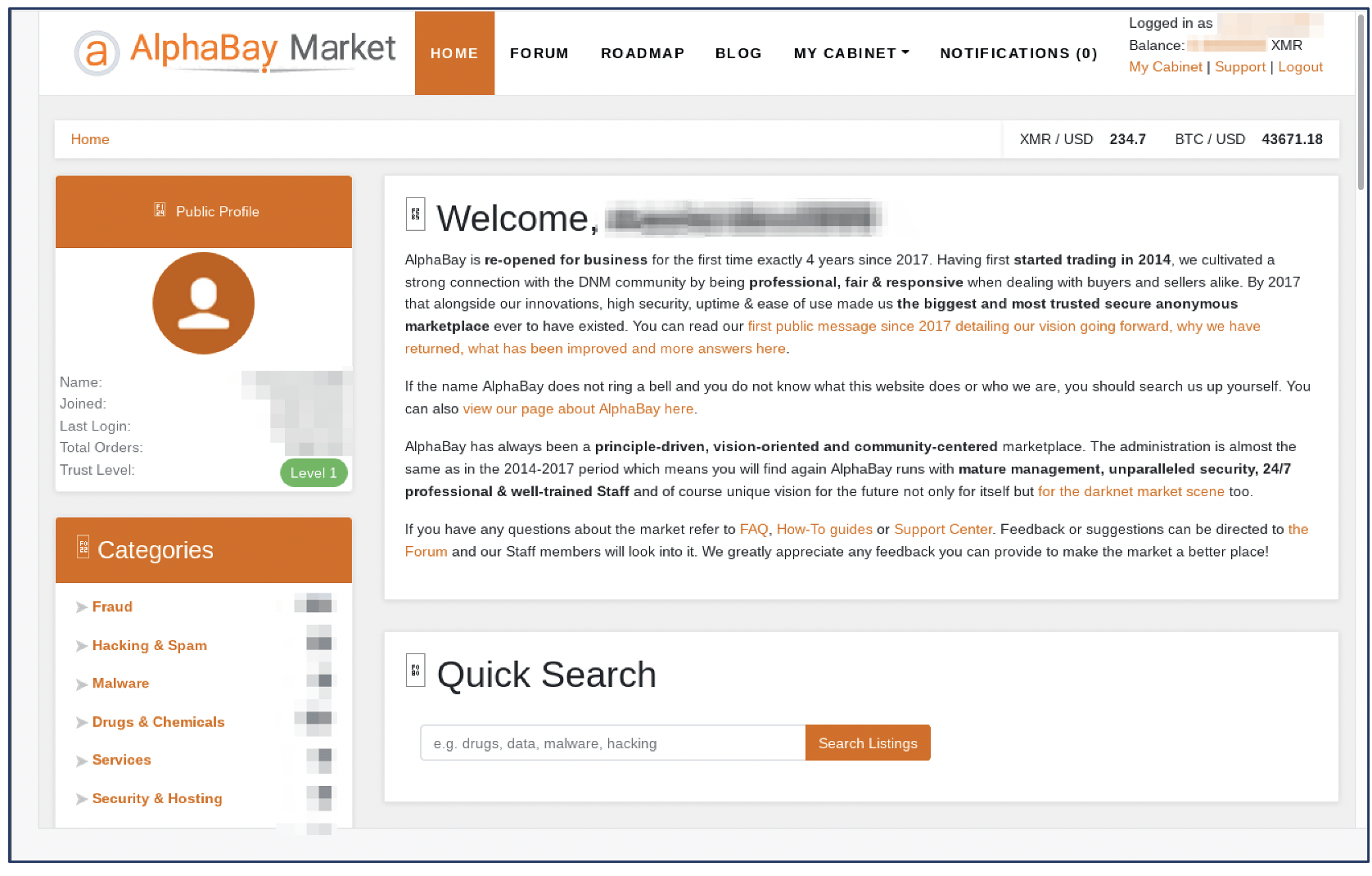 Welcome/Home Page for AlphaBay Market - 2021