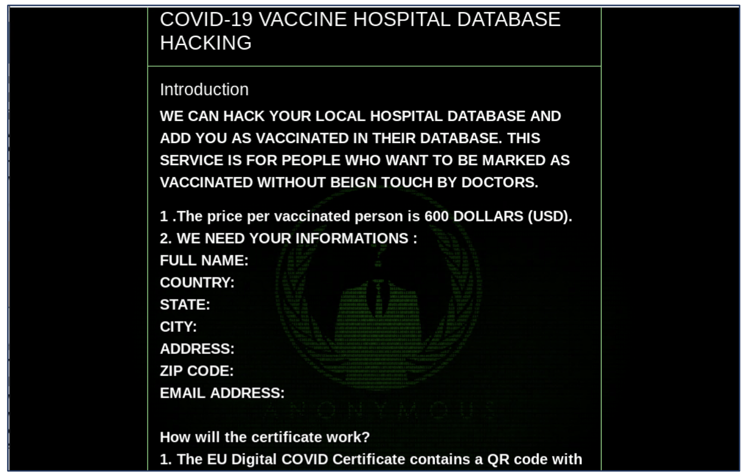 COVID-19 Vaccine Hospital Database Hacking from Tor