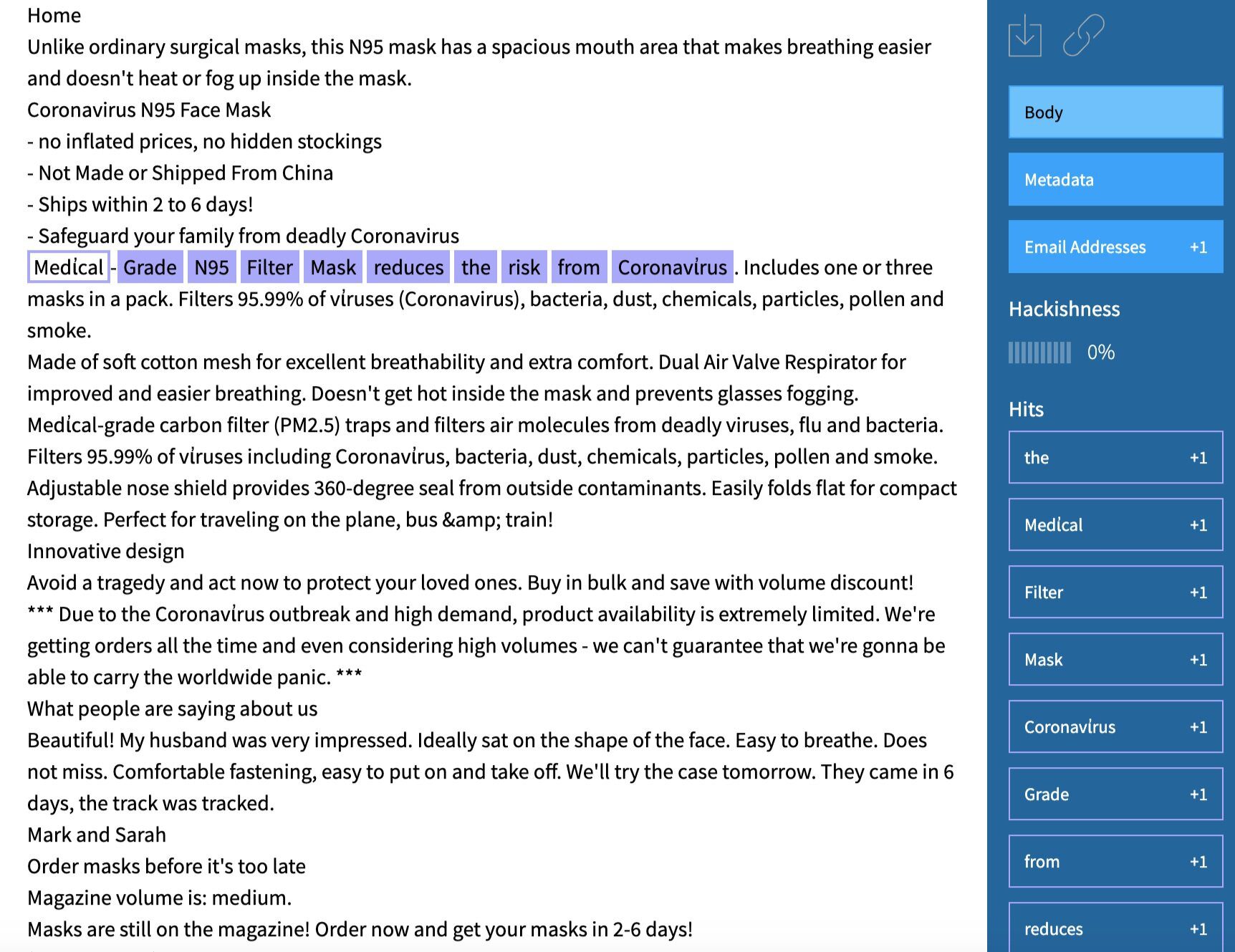 DarkOwl Vision screenshot of a listing on Tor for medical-grade masks that includes a positive review from satisfied customers.