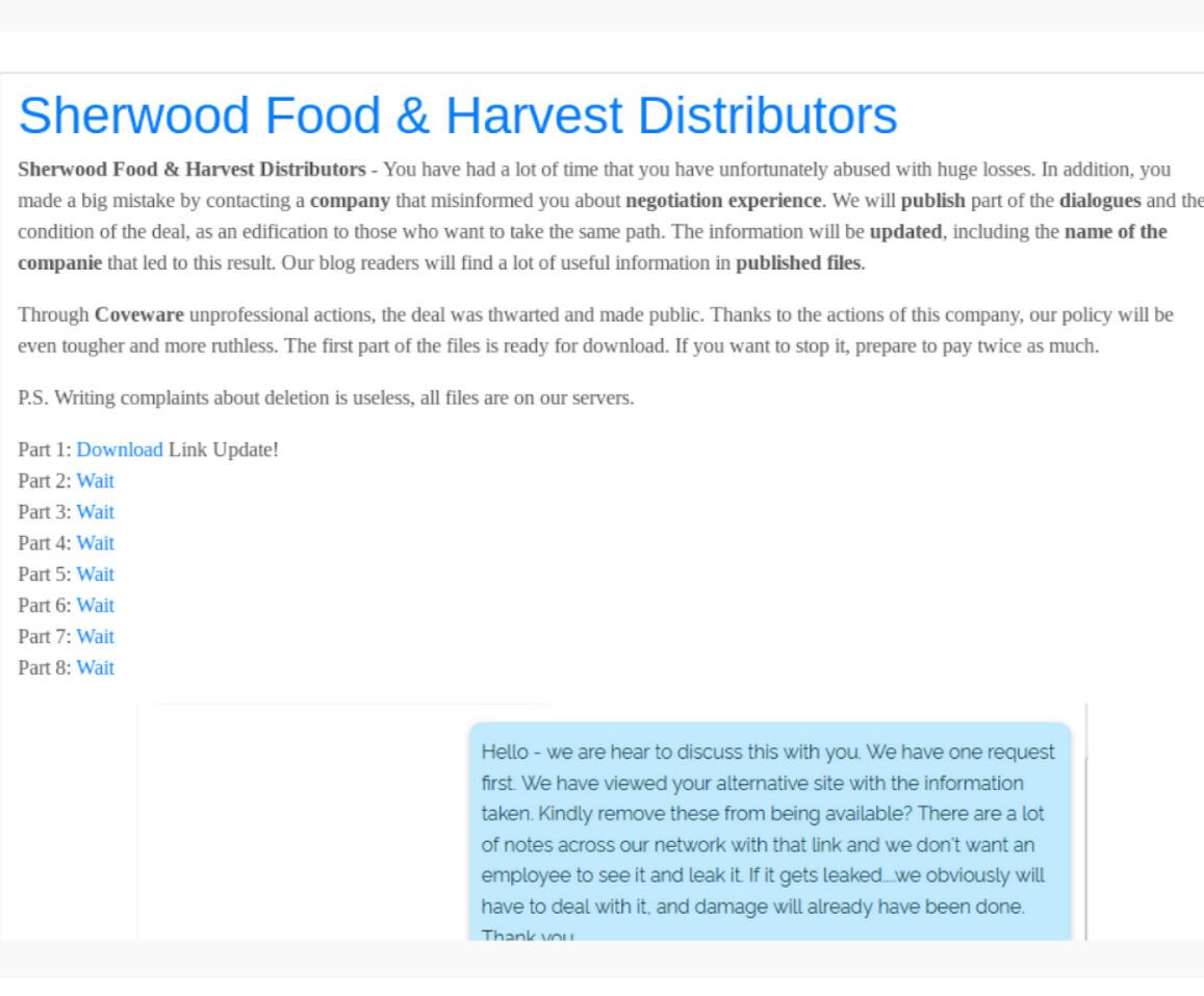Announcement on Happy Blog that Sherwood Food Distributors were the latest targets of REvile hackers