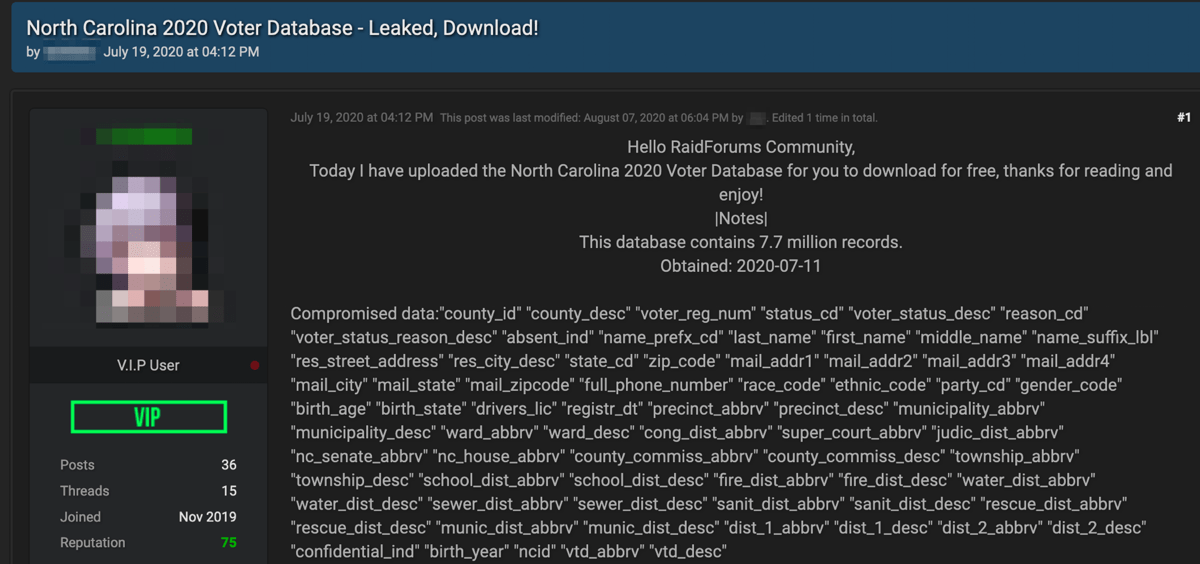 Pictured: Darknet advertisement for voter North Carolina registration databases