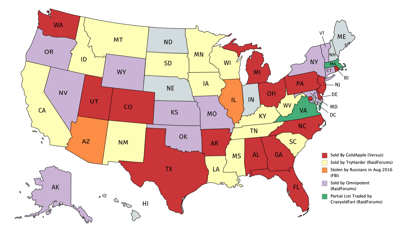 Pictured: Voter registration databases traded on the darknet, color-coded by darknet vendor and forum (unless otherwise specified).