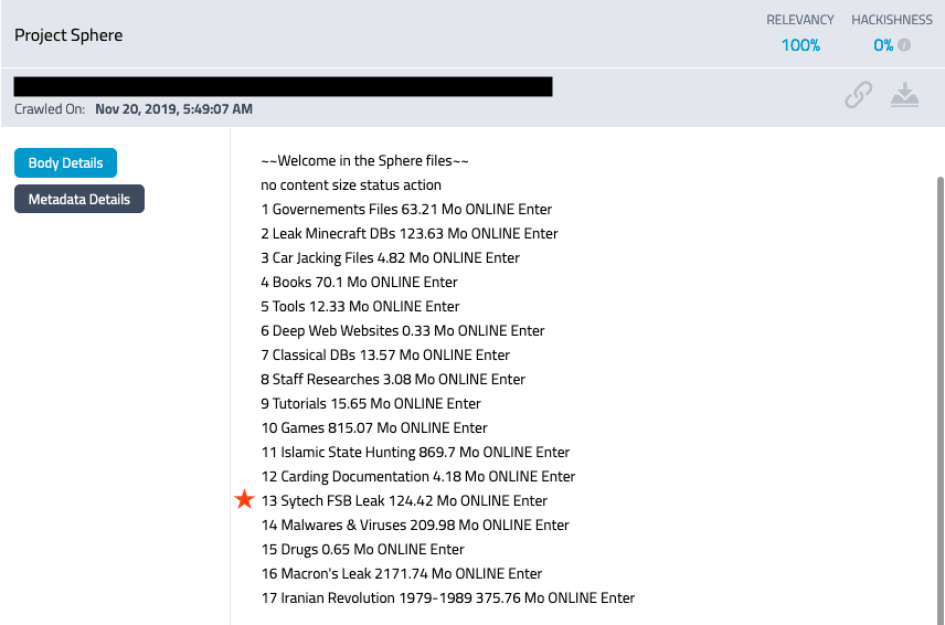 Screenshot from DarkOwl Vision showing the SyTech FSB leak freely available on the dark web