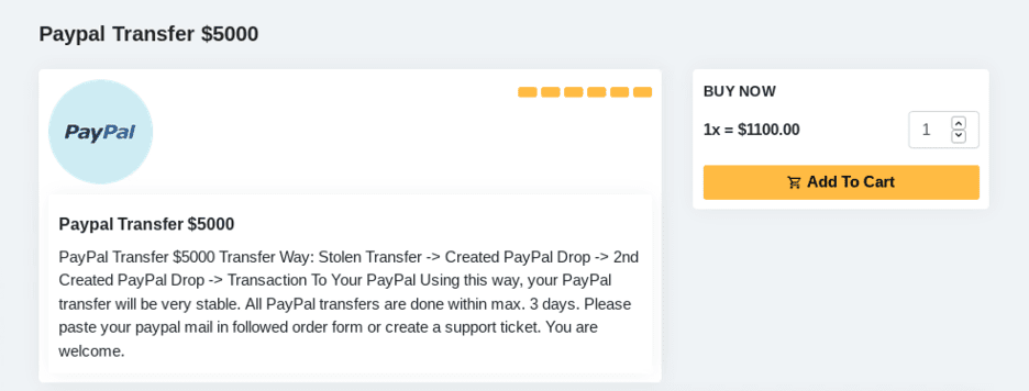 Figure 3: PayPal money laundering service advertised for sale on Amazin Market