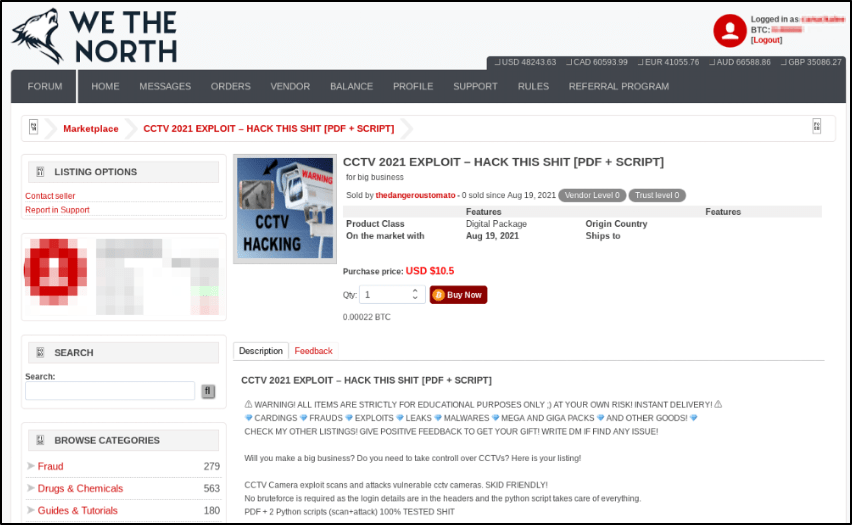 Figure 4: CCTV Exploit Listed on the Darknet Marketplace, We The North (Source: DarkOwl VIsion)