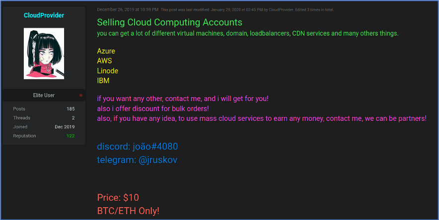 Figure 19: Source, Raidforums user CloudProvider selling cloud computing accounts from multiple sources. DarkOwl Vision DocID: b6a95f5d0283d001458c0f00ee794a08