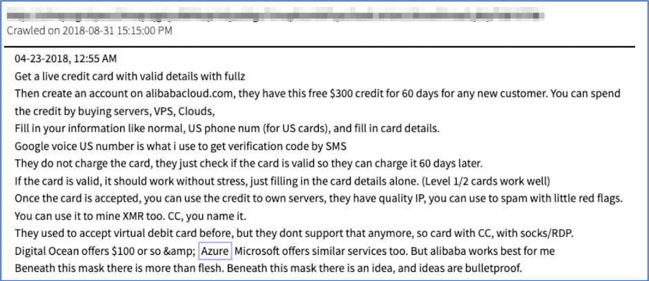 Figure 20: Source, A&nbsp;tutorial on how to use cloud computing credits for malicious purposes, DarkOwl Vision Document ID: a987d3f5159f5b2c38e6611e9eec1c4d