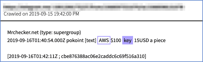 Figure 3: Source, Offer for AWS Keys for sale on Telegram Supergroup