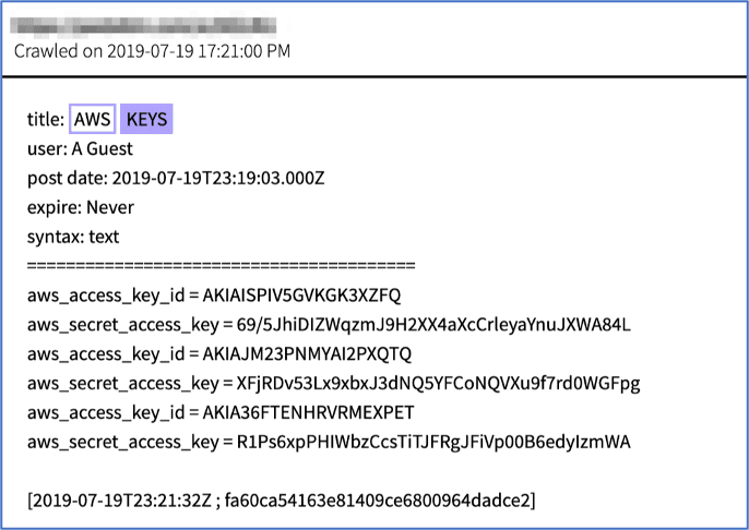 Figure 4: Source, Listing of Secret AWS Keys on Deep Web, DarkOwl Vision DocID: fa60ca54163e81409ce6800964dadce2