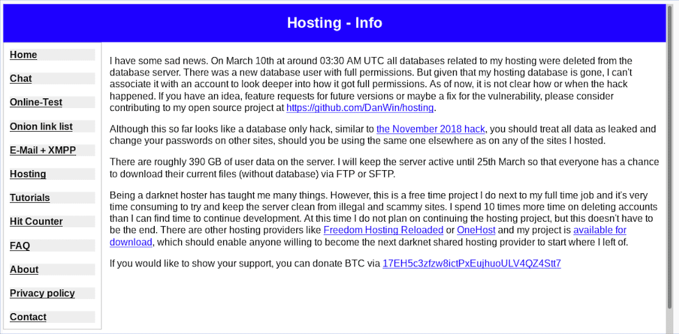 Screenshot of Daniel’s Hosting landing page immediately post hack with public announcement