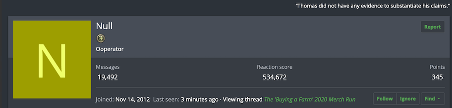 Screenshot of the user profile “Null” on Kiwi Farms forum