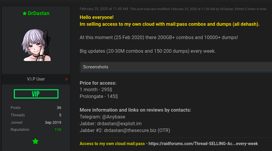 Figure 22: Source, Raidforums user selling access to their personal cloud of data dumps. DarkOwl Vision DocID: 438f8f9e5126f6aa72c42d5f440fd796