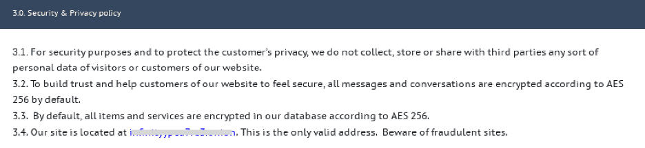 Figure 4: Infinity Market’s FAQ-Page – Section 3.0 – Security &amp; Privacy Policy