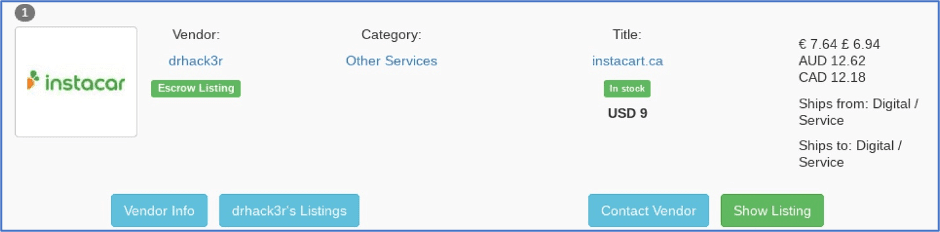 Figure 3 - Instacart consumer accounts offered for sale on White House Market