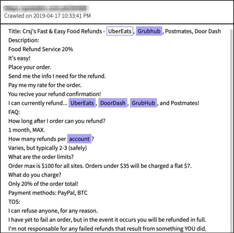 Figure 5 - Crsj’s Fast &amp; Easy Food Refunds Mentioned on the darknet. Source: DarkOwl Vision (369383f52e069a2c9865185b95096374)