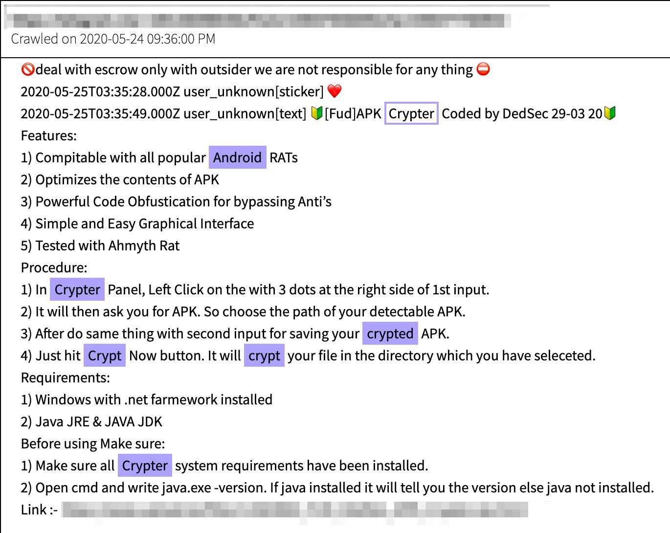 Figure 11: “[Fud]APK Crypter” for sale (Source -DarkOwl Vision)