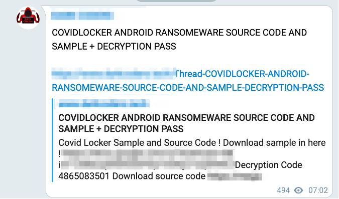 Figure 9: Telegram advertisement for CovidLocker (Source: Telegram)