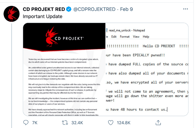 Figure 14: Screenshot from Twitter  (Source:&nbsp;https://twitter.com/CDPROJEKTRED/status/1359048125403590660?s=19)