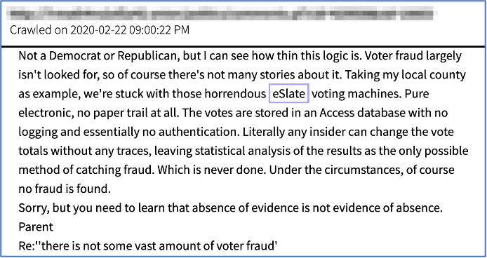 Pictured: “The absence of evidence is not evidence of absence” — A darknet user comments that fraud is completely possible with the eSlate voting machine’s dependence on Microsoft Access databases without encryption or authentication.