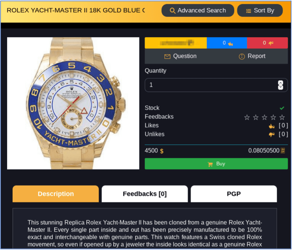 Figure 5: Darknet marketplace advertisement for counterfeit Rolex watch for $4500 USD.