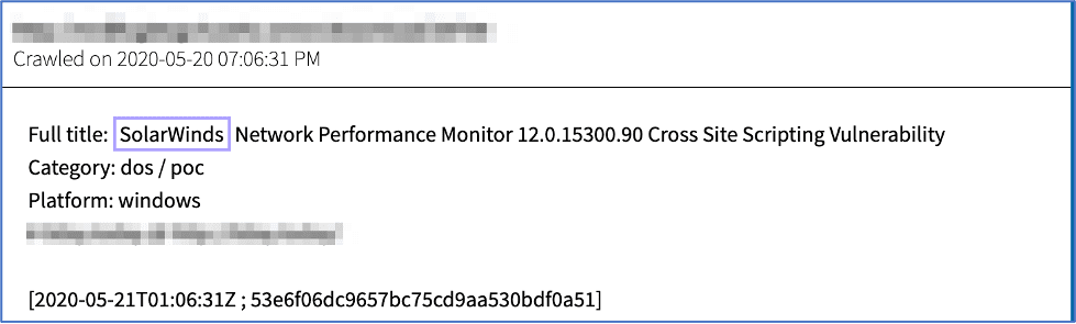 Example of SolarWinds Cross Site Scripting Vulnerability, posted on the darknet in May of 2020