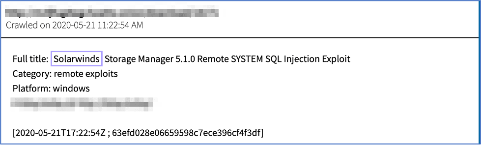 Example of SolarWinds SQL Injection Exploit, posted on the darknet in May of 2020