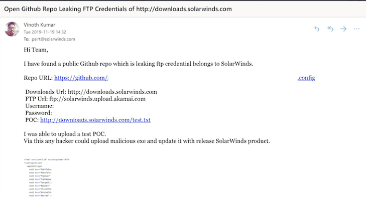 DarkOwl also discovered darknet users talking about key open source reporting regarding the attack, more specifically, Vinoth Kumar posted to social media that he found a public Github repo leaking credentials belonging to SolarWinds since June 2018.